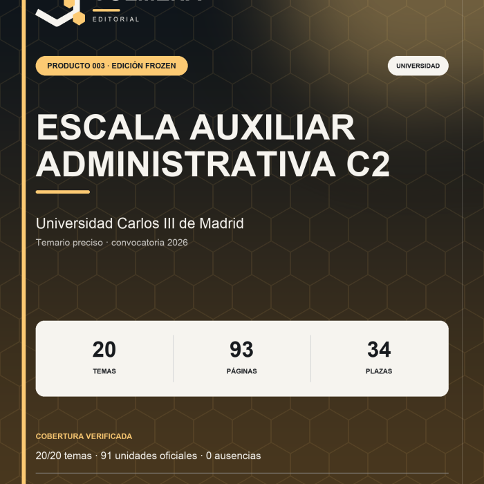 Portada del temario de Escala Auxiliar Administrativa C2 de la Universidad Carlos III de Madrid — Editorial Colmena