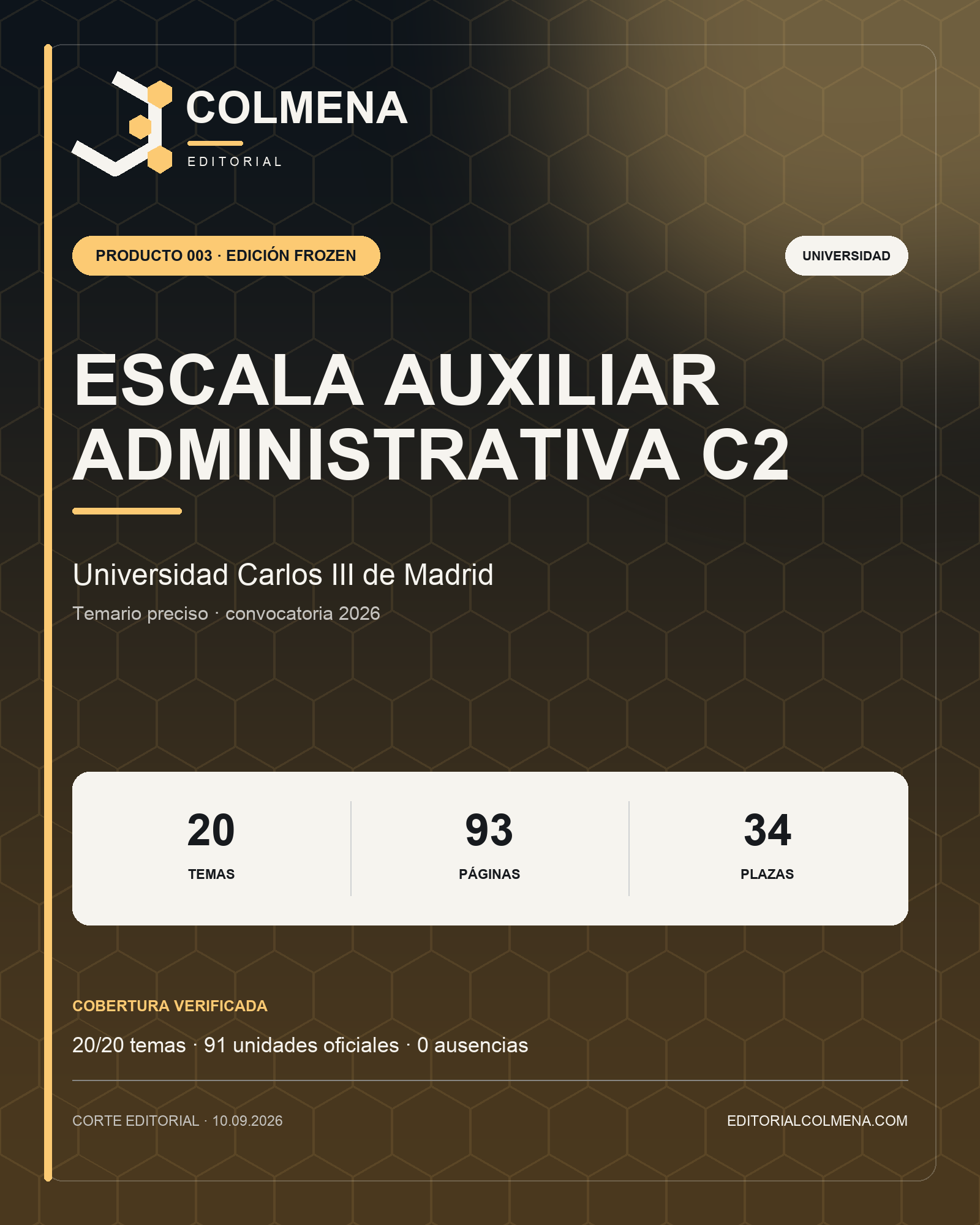 Portada del temario de Escala Auxiliar Administrativa C2 de la Universidad Carlos III de Madrid — Editorial Colmena