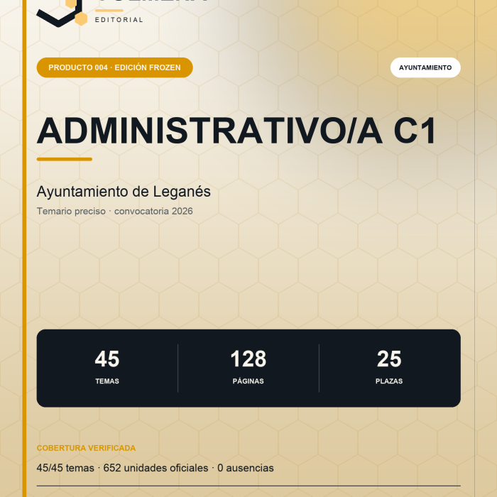 Portada del temario de Administrativo/a C1 del Ayuntamiento de Leganés — Editorial Colmena