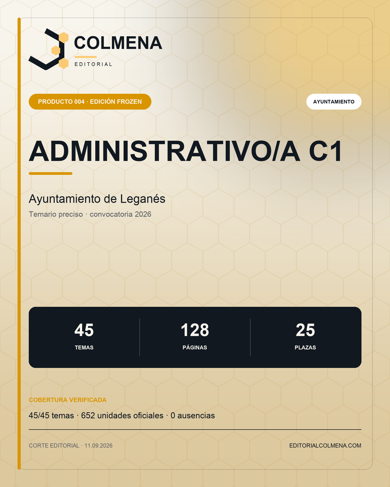 Portada del temario de Administrativo/a C1 del Ayuntamiento de Leganés — Editorial Colmena