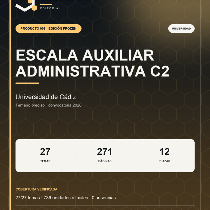 Portada del temario de Escala Auxiliar Administrativa C2 de la Universidad de Cádiz — Editorial Colmena