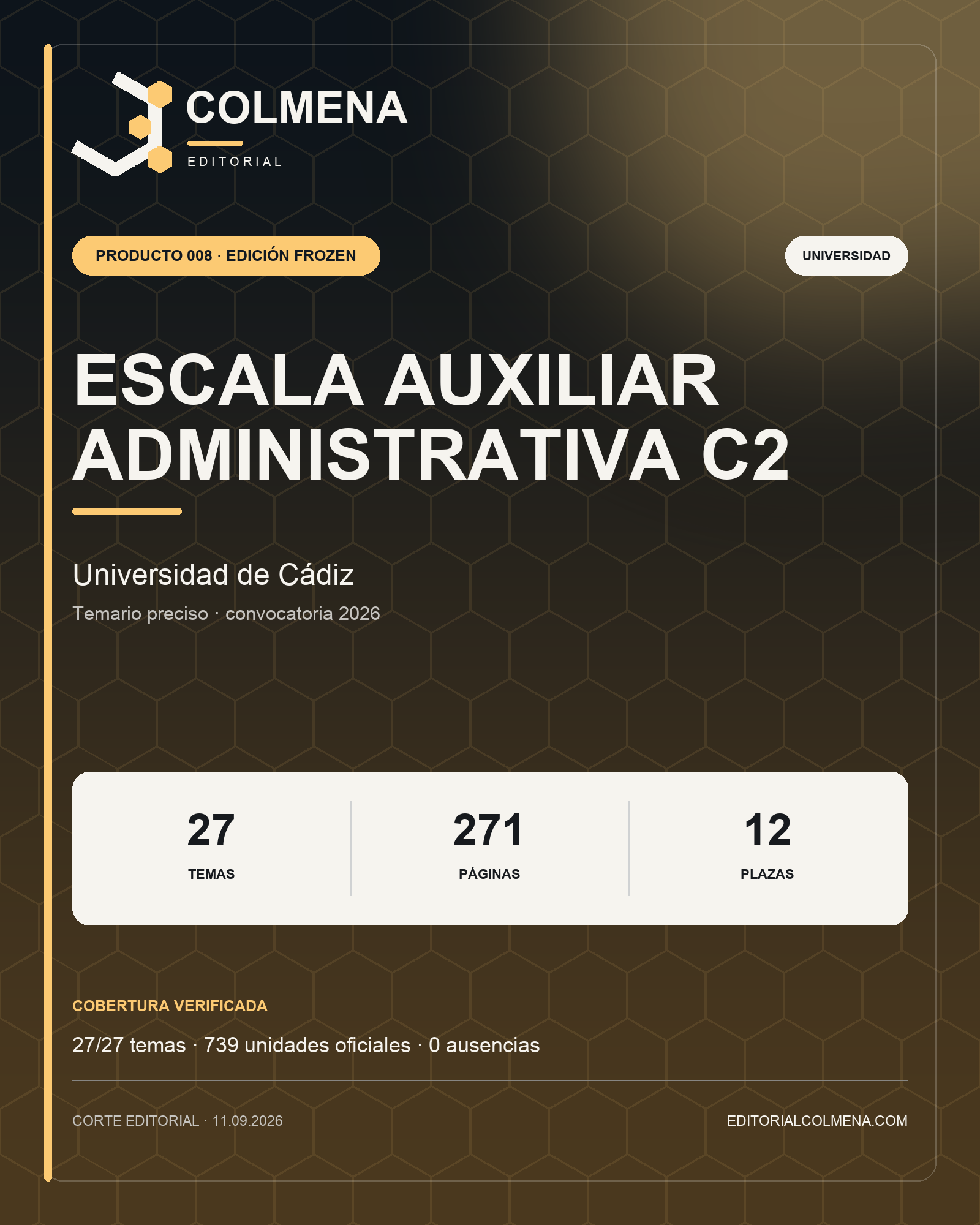 Portada del temario de Escala Auxiliar Administrativa C2 de la Universidad de Cádiz — Editorial Colmena