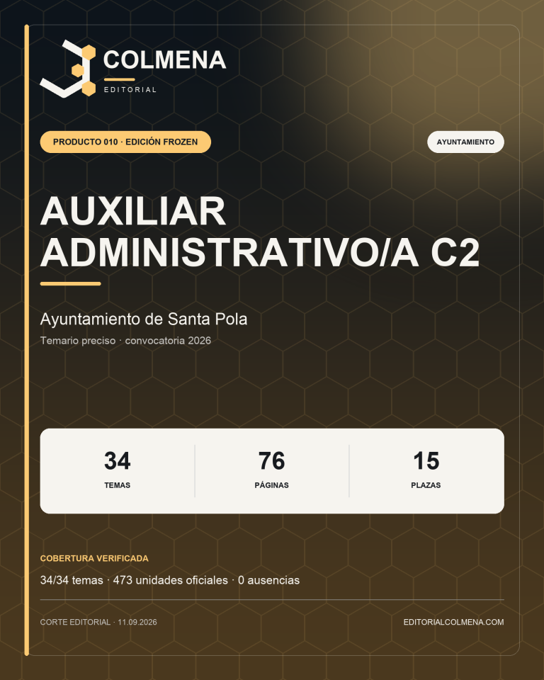 Portada del temario de Auxiliar Administrativo/a C2 del Ayuntamiento de Santa Pola — Editorial Colmena