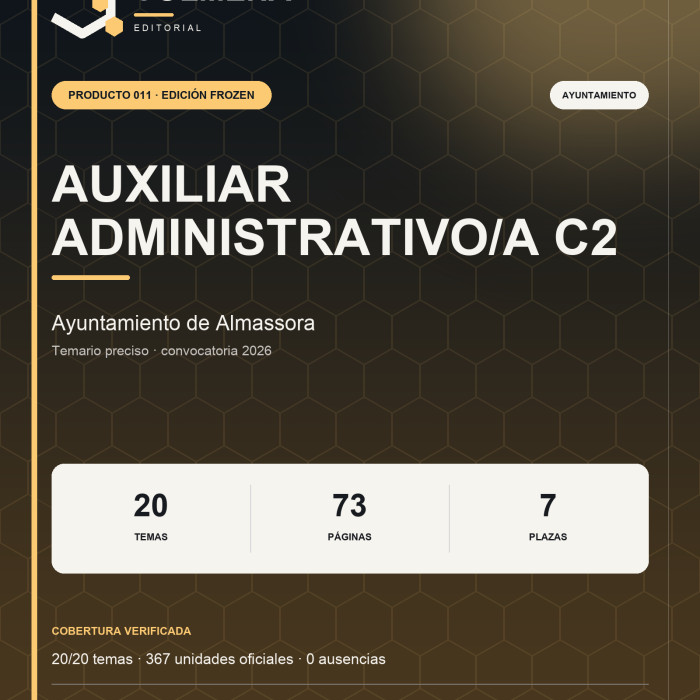 Portada del temario de Auxiliar Administrativo/a C2 del Ayuntamiento de Almassora — Editorial Colmena
