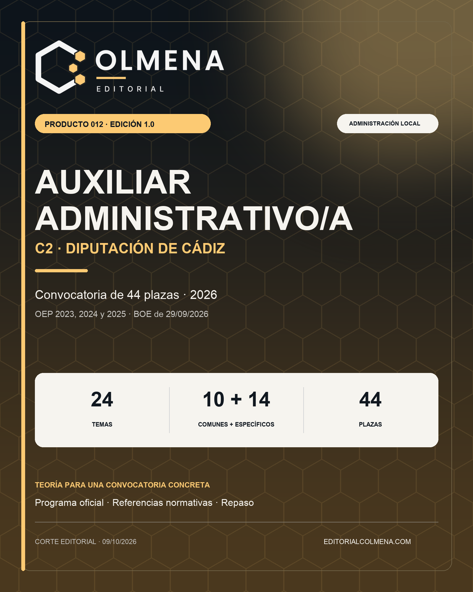 Temario Auxiliar Administrativo C2 de la Diputación de Cádiz: 24 temas, convocatoria de 44 plazas, edición 9 de octubre de 2026