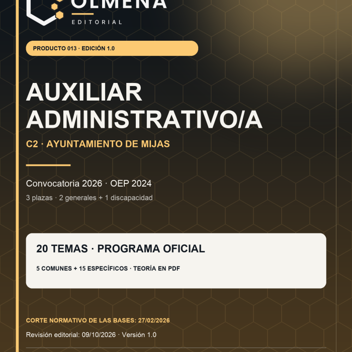 Portada del temario de Auxiliar Administrativo/a C2 del Ayuntamiento de Mijas, convocatoria 2026 — Editorial Colmena