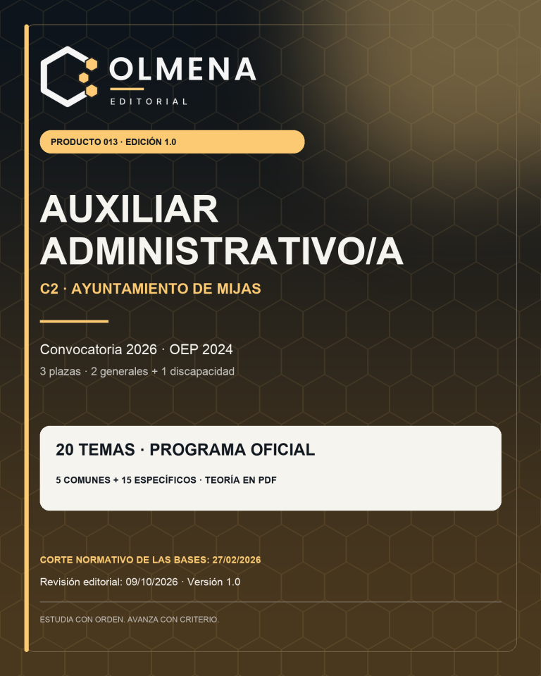 Portada del temario de Auxiliar Administrativo/a C2 del Ayuntamiento de Mijas, convocatoria 2026 — Editorial Colmena